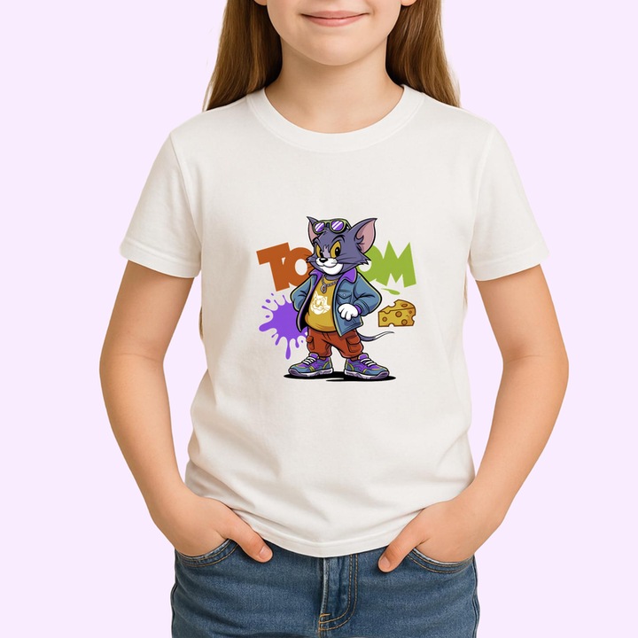 Tricou copii Tom Dope Style cu geaca albastra, tenisi rosii si grafitti de fundal, Alb