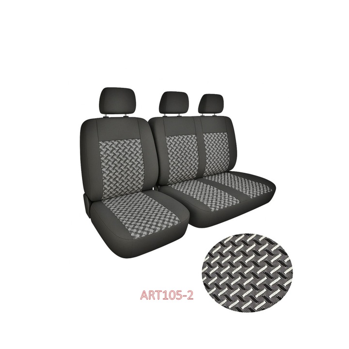 Huse Autoutilitare 2+1 material Textil Premium Scaun Sofer si Bancheta, Negru cu Model geometric alb + negru