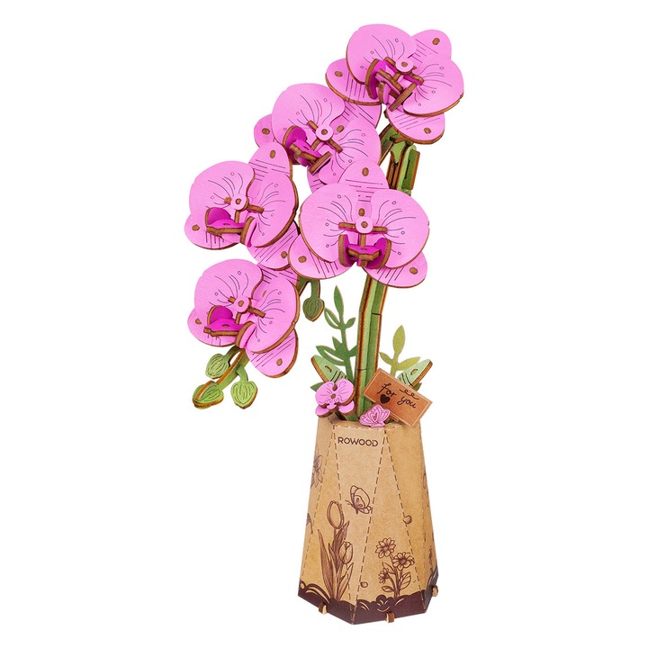 Puzzle 3D, din lemn, Orhidee roz, 132 piese