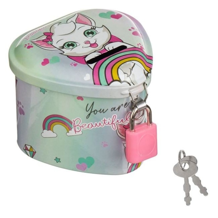 Pusculita Metalica Mov cu Pisica & Inima 8×8×6, 5 cm – Mini Money Box Cu Lacat pentru Economii — ANTBRO®