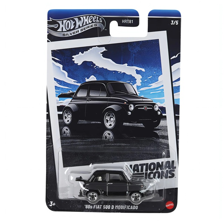Masinuta din metal Hot Wheels Silver, National Icons, 1960 Fiat 500D Modificado, JBY88, Negru