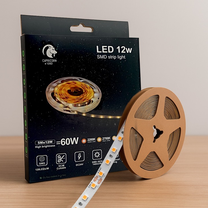 Banda LED Interior 24V, 5 Metri, 12W/M (60W), 120LED/M, 1680Lm/M, High Quality Chips SMD2835, IP20, se taie la fiecare 5cm, alb natural 4000K