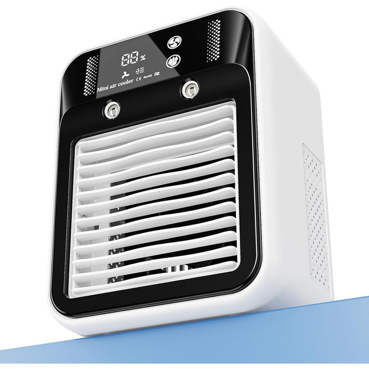 Racitor de aer portabil 2 in 1, mini ventilator, 2 viteze, umidificator, 500ml, incarcare rapida Type-C, pentru birou si camping