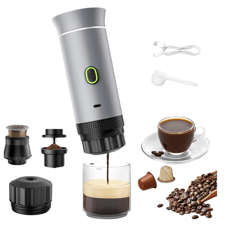 Преносима машина за еспресо Razo, съвместима с капсули Nespresso, капсули Dolce Gusto, смляно кафе, режим на бързо загряване на вода или студено кафе, зареждане чрез USB Type-C, сива