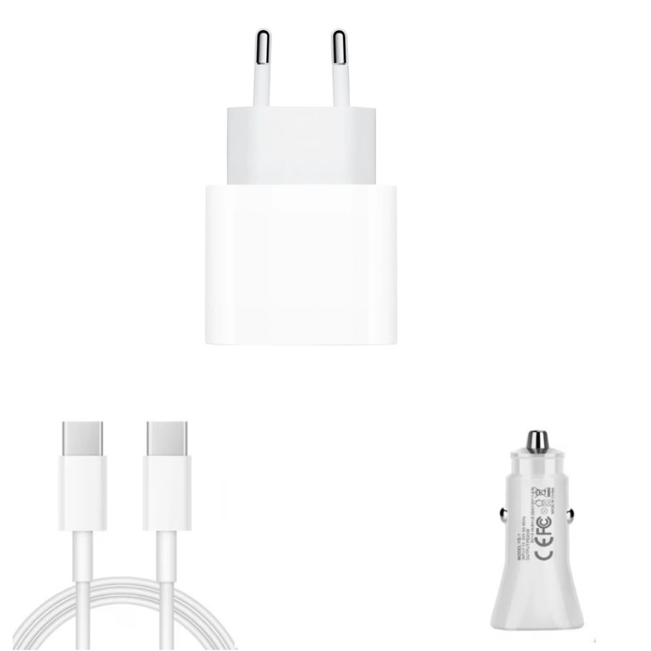 Pachet, Incarcator Fast Charge 20W pentru iPhone 15pro, 15 Pro Max, Cablu de date 2m USB-C - C 67w, Adaptor auto USB-C, 20W, QUANDES®