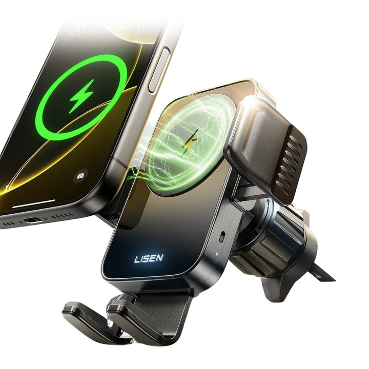 Suport auto pentru telefon, LISTEN 2 in 1, Incarcator auto wireless MagSafe de 15 W, Montare la Grila, Reglare 360 grade, Universal, Negru