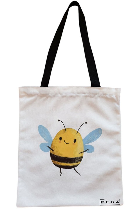 Sacosa Cumparaturi Textila cu Fermoar, Geanta Tote, model The happy bee 38 x 34.5 cm, Alb, BEKZ®