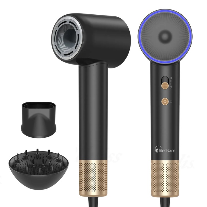 Професионален сешоар, KindKare, мощен мотор, технология с отрицателни йони, намалено време за сушене, множество режими, въртящ се кабел, ергономичен дизайн, преносим, черен