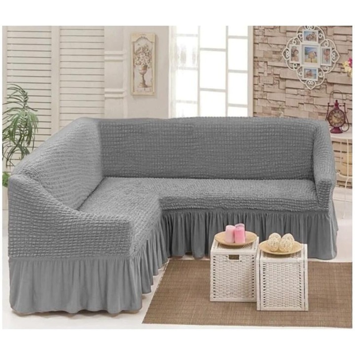 Husa coltar, Creponat cu Volanase, Poliester cu Licra, 240x180cm, Gri Deschis