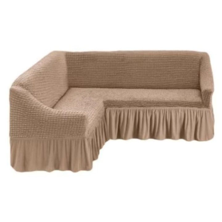 Husa coltar, Creponat cu Volanase, Poliester cu Licra, 240x180cm, Cafea cu Lapte