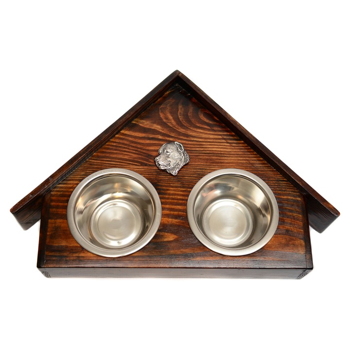 Stojak din lemn pentru doua boluri pentru caini, cu basorelief, set cu doua boluri din otel inoxidabil, 75x50x14cm, multicolor