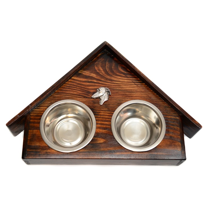 Faállvány 2 tálkával kutyák számára, Art-Dog, méretek 75x50x14cm, rozsdamentes acél tálkák, természetes szín, L méret