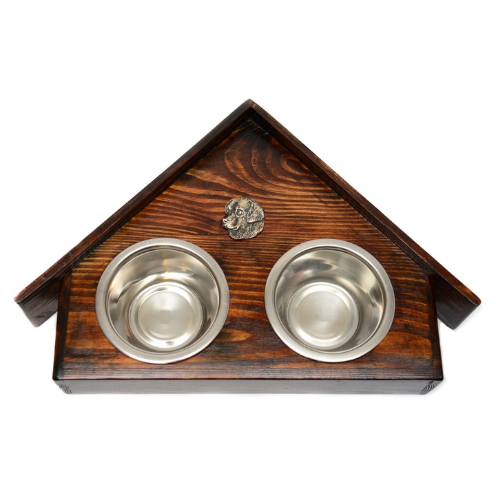 Stojak din lemn pentru doua boluri pentru caini, Art-Dog, dimensiuni 75x50x14 cm, boluri din otel inoxidabil, culoare naturala, marime L