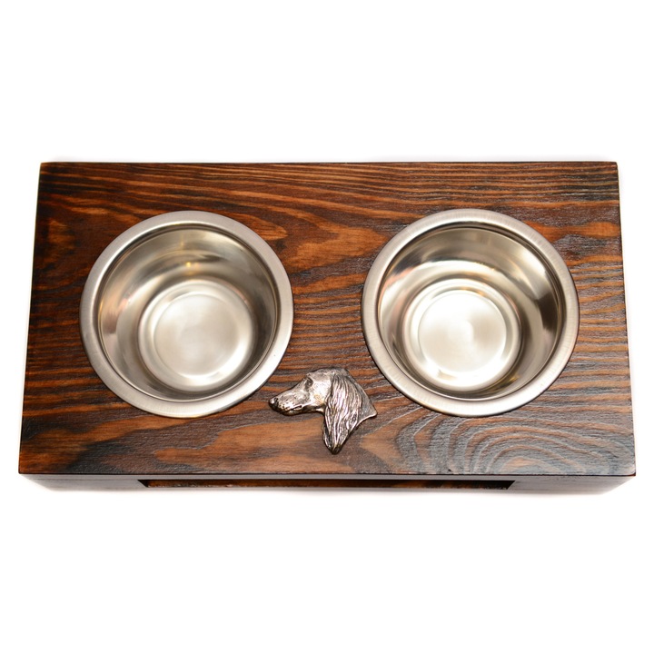 Stojak din lemn pentru doua boluri pentru caini, Art-Dog, 60x30x10cm, cu boluri din otel inoxidabil, L
