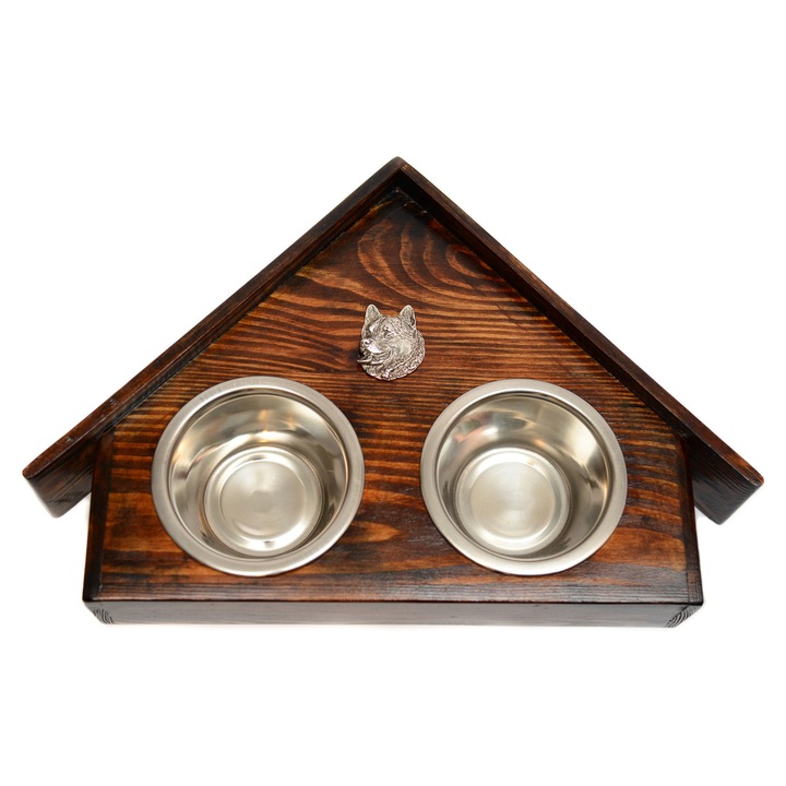Suport din lemn cu 2 boluri pentru caini, Art-Dog, design in forma de casuta, inox, 75x50x14 cm