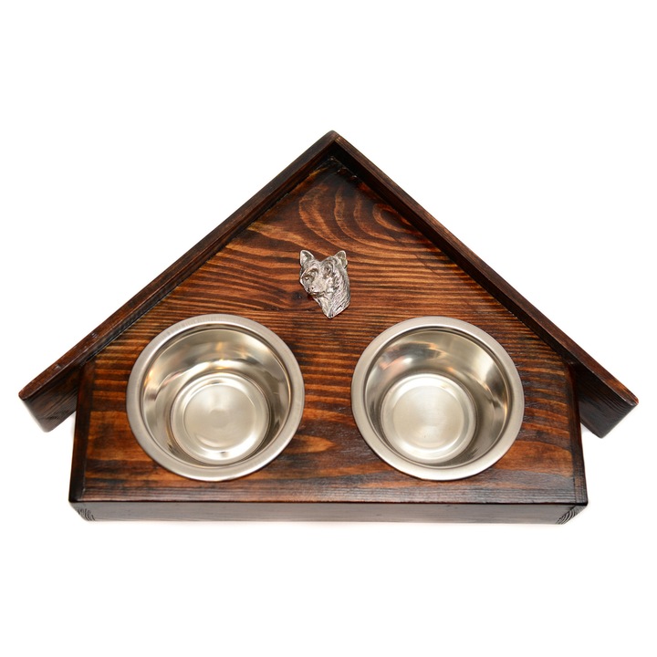 Faállvány 2 tálkával kutyáknak, Art-Dog, méretek 75x50x14cm, rozsdamentes acél tálkák, natúr színű, L méret