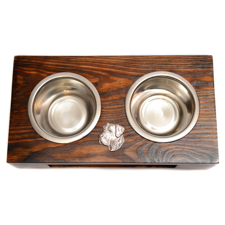 Fa állvány két kutyatálhoz, Art-Dog, 60x30x10cm, két rozsdamentes acél tállal, kutya domborműves mintával