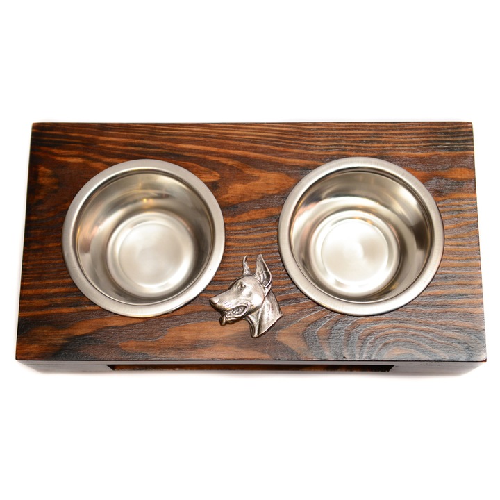 Stojak din lemn pentru doua boluri pentru caini, Art-Dog, 60x30x10cm, cu boluri din otel inoxidabil, L - 2x2,8 litri