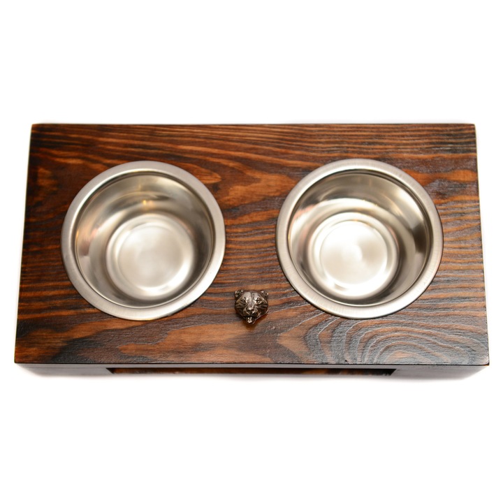 Stojak din lemn pentru doua boluri pentru caini, Art-Dog, 60x30x10cm, cu doua boluri din otel inoxidabil, decorat cu basorelief de caine
