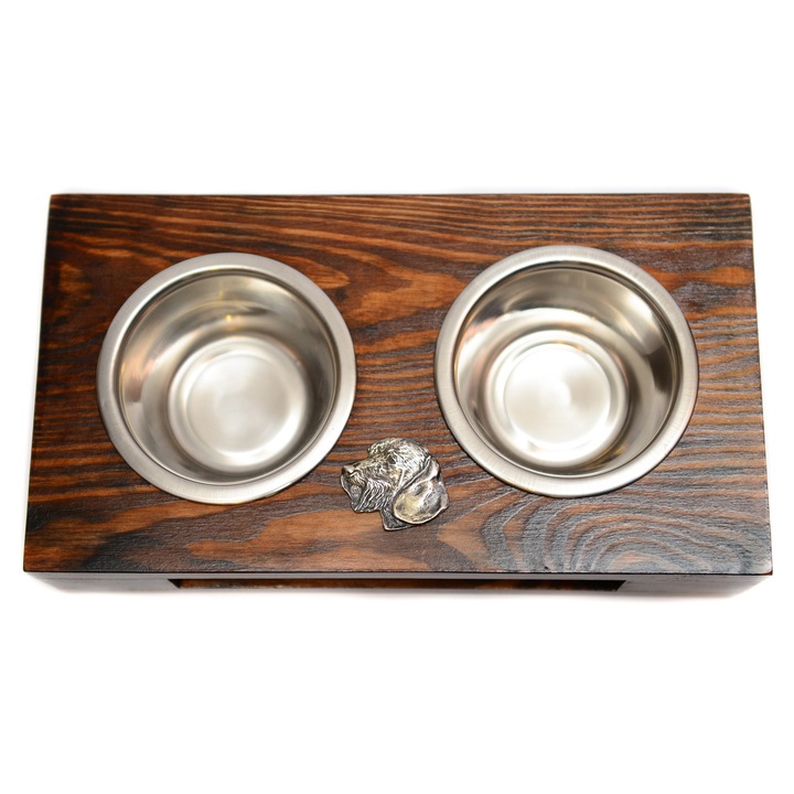 Stojak din lemn pentru doua boluri pentru caini, Art-Dog, 60x30x10cm, cu boluri din otel inoxidabil, decorat cu basorelief de caine