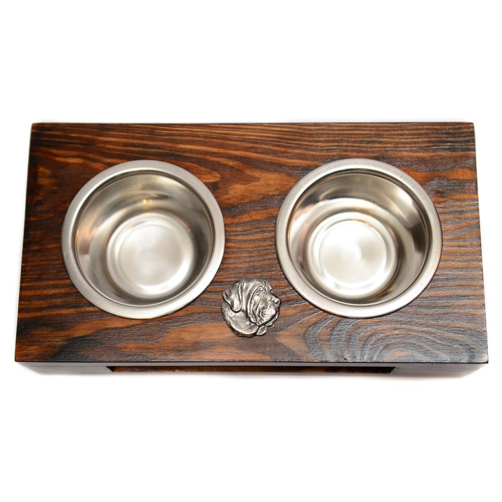 Stojak din lemn pentru doua boluri pentru caini, Art-Dog, 60x30x10cm, cu boluri din otel inoxidabil, design elegant