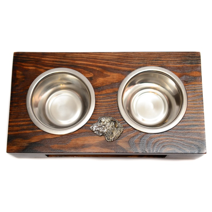 Faállvány 2 kutyatállal, Art-Dog, 60x30x10cm, rozsdamentes acél tálkák, kutyás domborművel díszítve