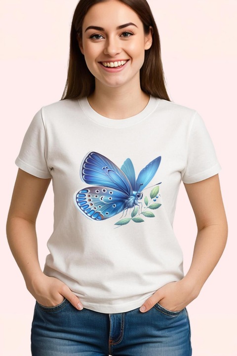 Tricou Fluture albastru pastel pe frunza fundal simplu, Dama, 100% bumbac, Cri-Flo, Culoare Alb, Marime M
