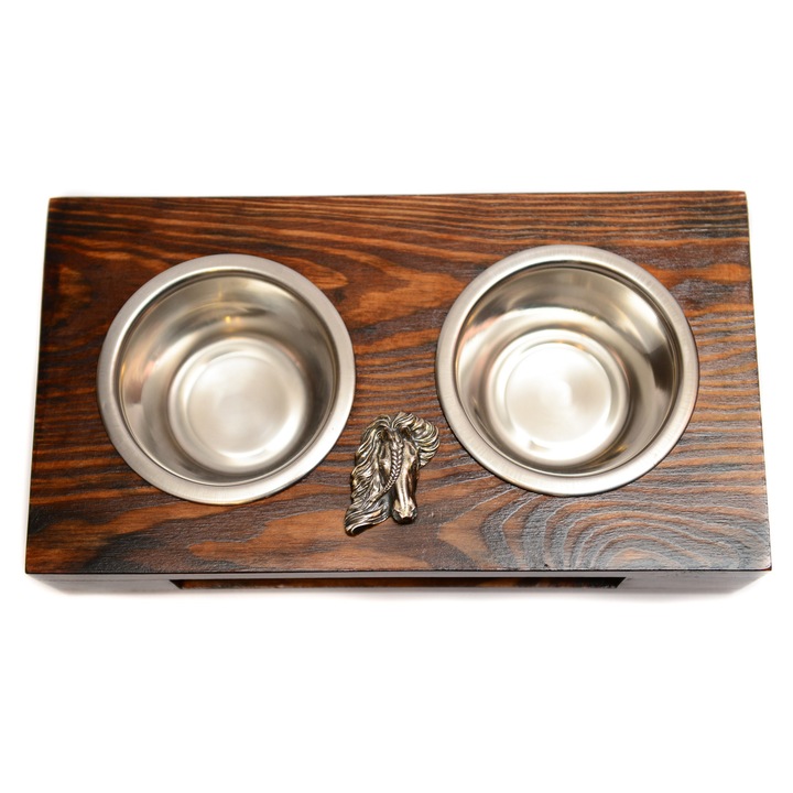 Stojak din lemn pentru doua boluri pentru caini, Art-Dog, cu doua boluri din otel inoxidabil, 60x30x10cm, argintat