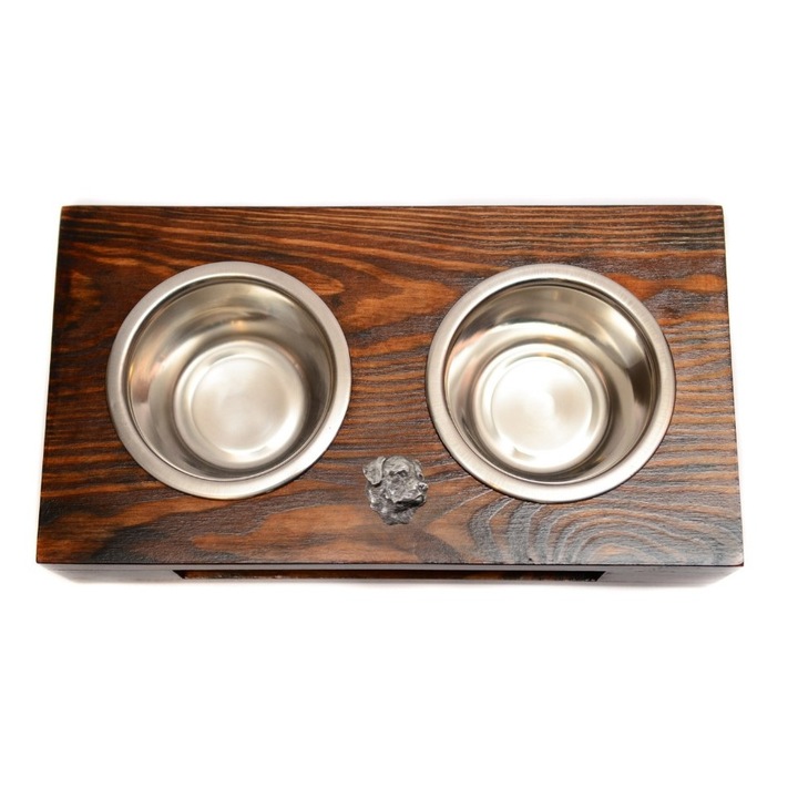 Stojak din lemn pentru doua boluri pentru caini, Art-Dog, cu doua boluri din otel inoxidabil, 60x30x10cm, L