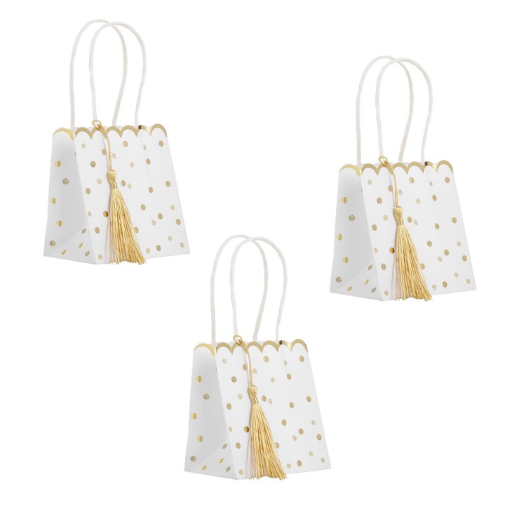 Set sacose cadou din hartie kraft albe cu buline din folie aurie & fundita aurie 10x7x11cm - 3buc