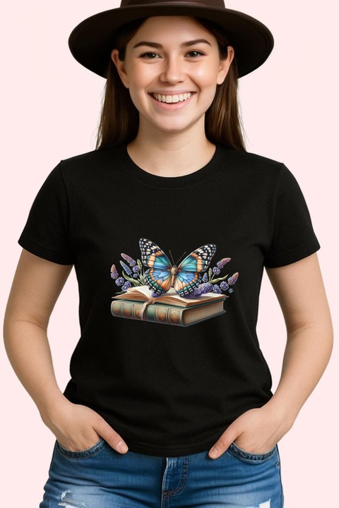 Tricou Dama Fluture pe carti cu lavanda compozitie vintage botanica, Negru