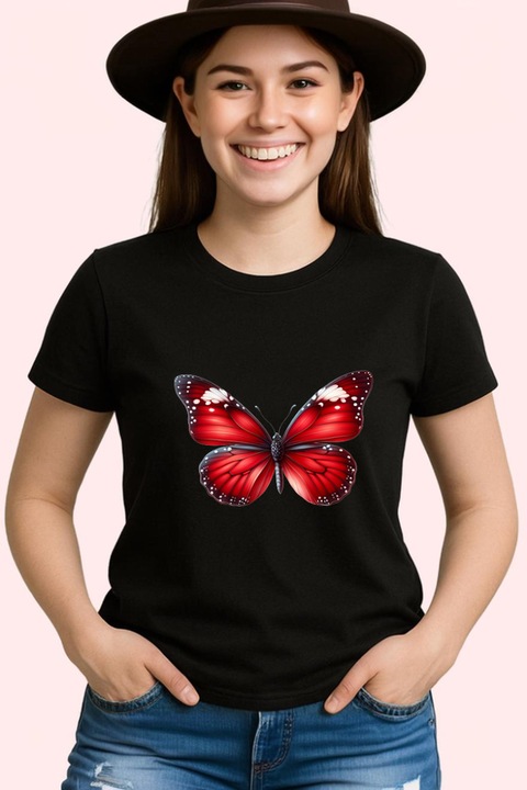 Tricou Dama Fluture rosu cu detalii albe design elegant intens, Negru