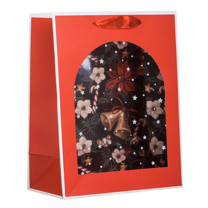 Sacosa cadou de craciun rosie cu fereastra & craciunita 18x10x23cm