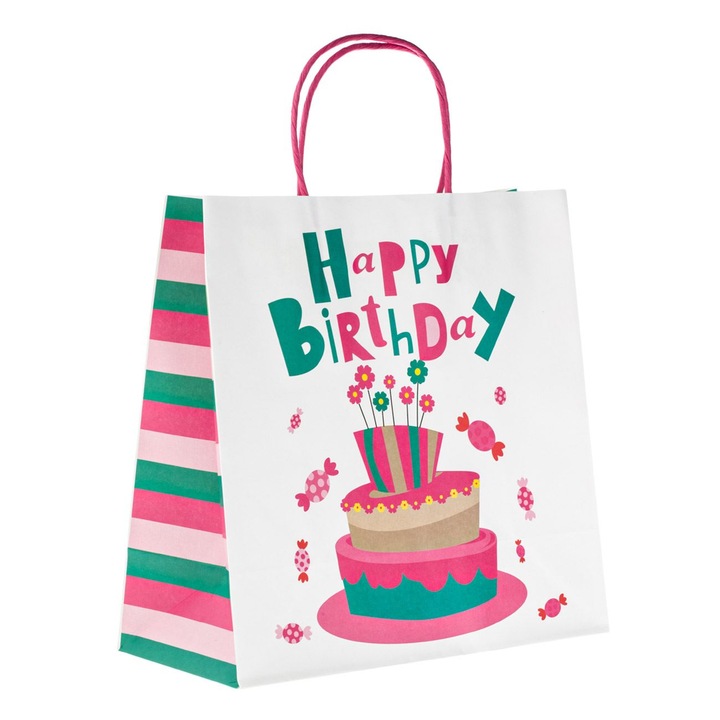Sacosa cadou kraft alba tort colorat bomboane "happy birthday" 26x12x26cm
