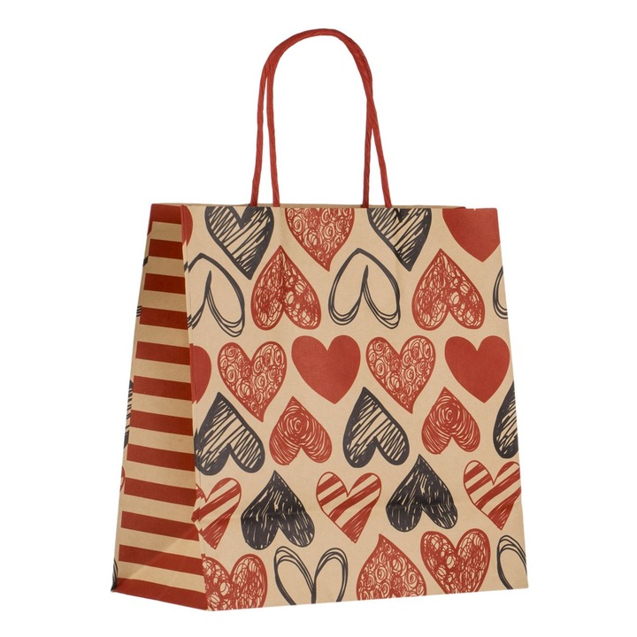 Sacosa cadou kraft maro inimi rosii 21x10x21.5cm