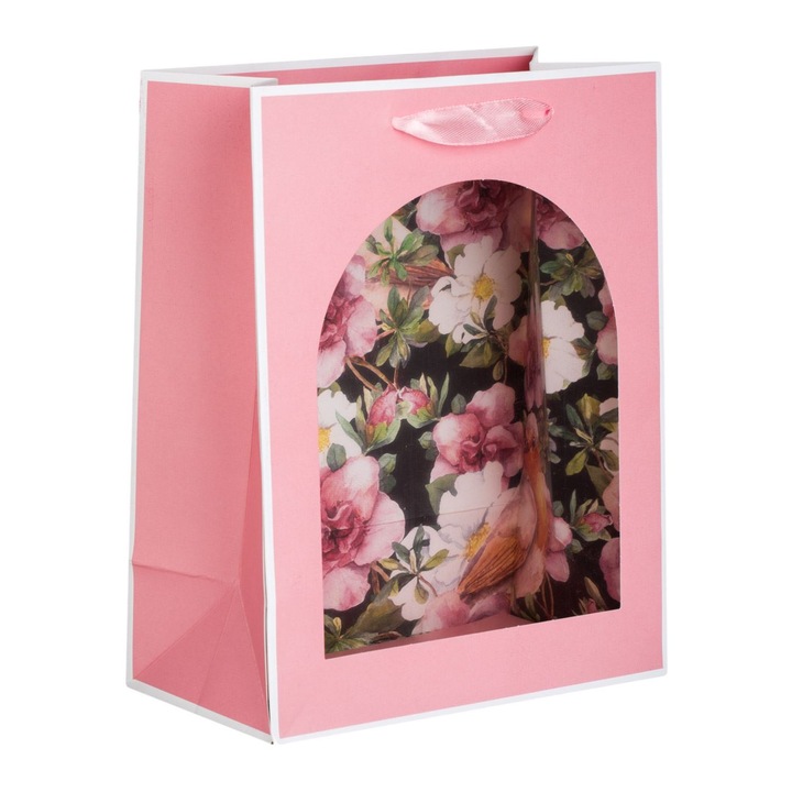 Sacosa cadou roz cu fereastra & flori cu pasare 18x10x23cm