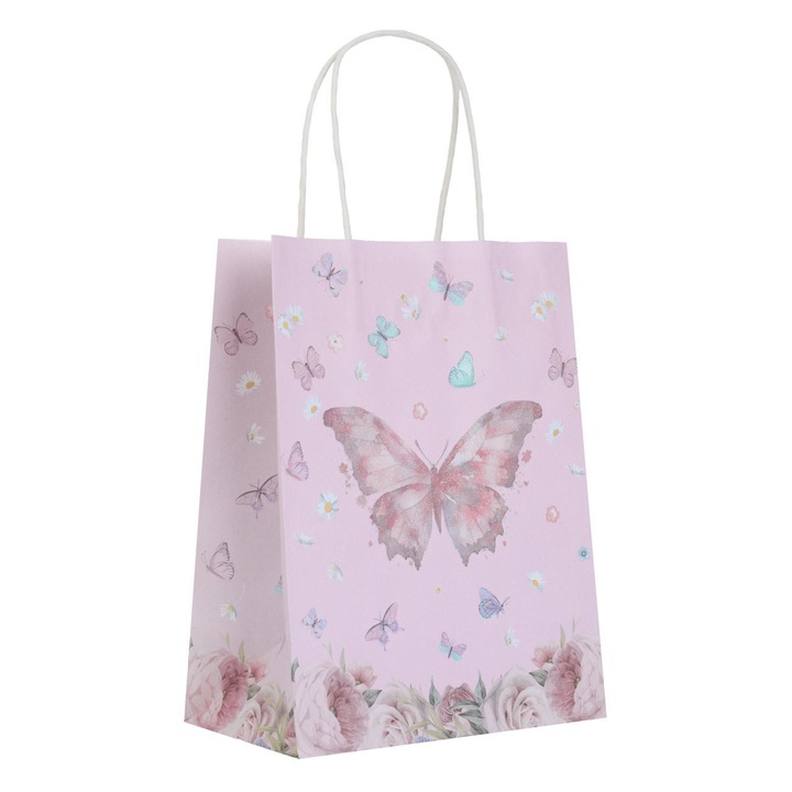 Sacosa cadou din hartie kraft roz cu model fluture & glitter 18x10x23cm