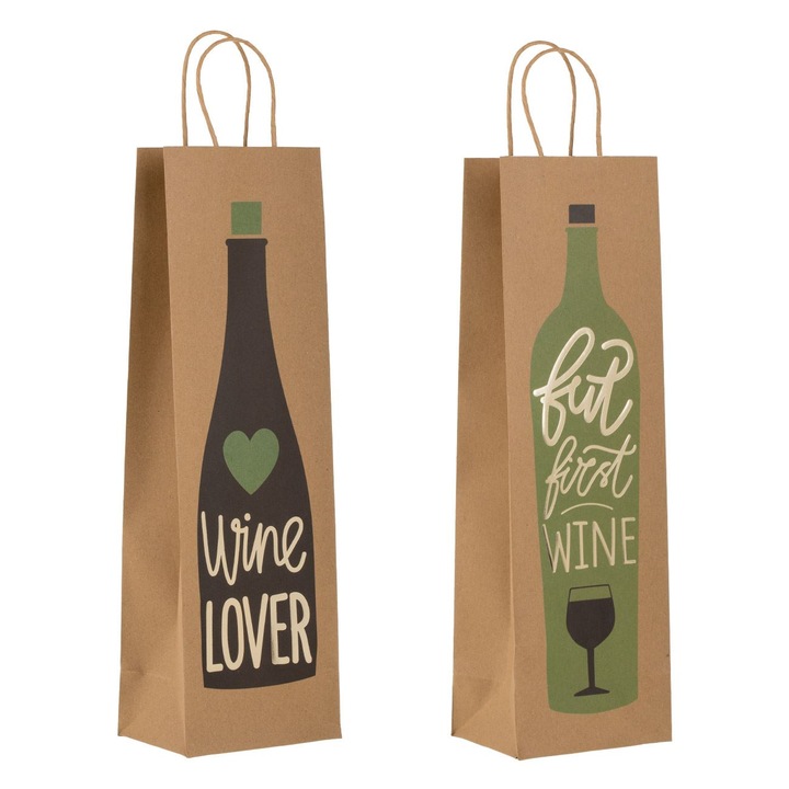 Pungi cadou kraft maro cu model pentru sticle de vin 12x9x39cm - 2buc