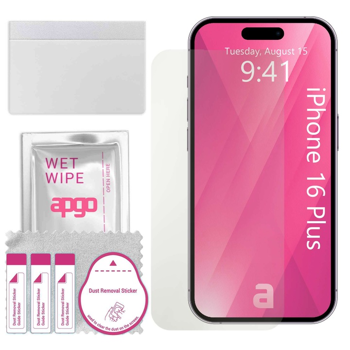 Folie de protectie MAT MATTE apgo pentru Apple iPhone 16 Plus (no camera cutout) – autoadeziva, afisare completa, hidrogel, anti-zgarieturi, full glue, 5D