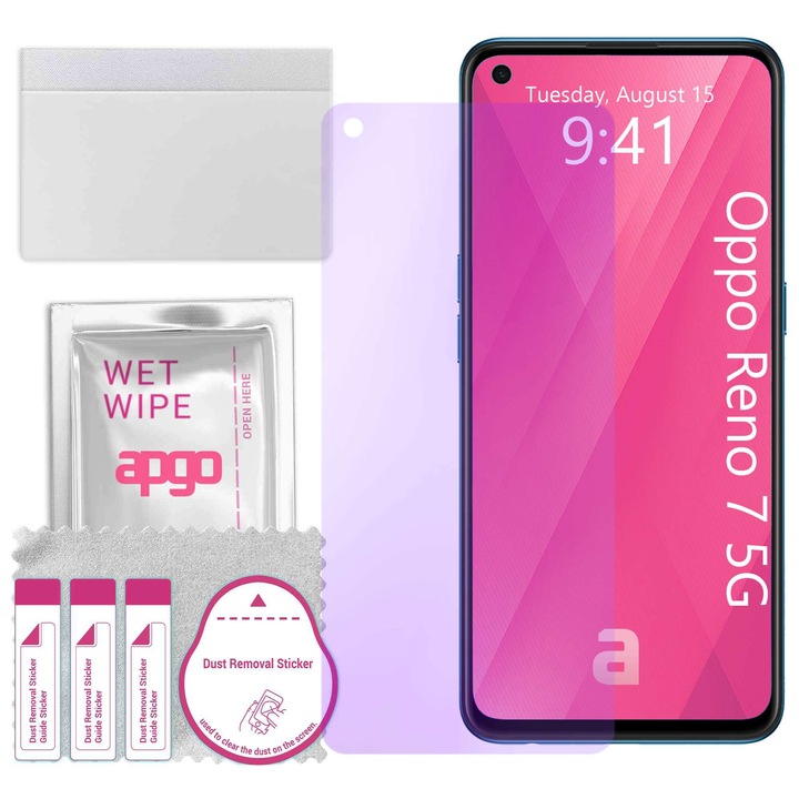 apgo ANTI-BLUE защитно стъкло за Oppo Reno7 5G – хибридно стъкло, протектор за екран, гланцово, професионално гъвкаво хибридно стъкло, 9H, пълно лепене
