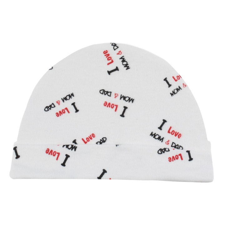 Caciulita Alba din Bumbac "I Love Mum & Dad" pentru Bebelusi 0+