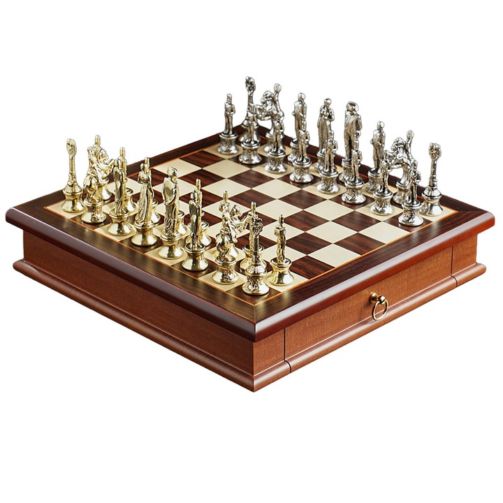 Set de sah Italfama, colectia Napoleon, lemn, 32x32x6cm, piese din zinc, alama si nichel, inaltime rege 8.2cm