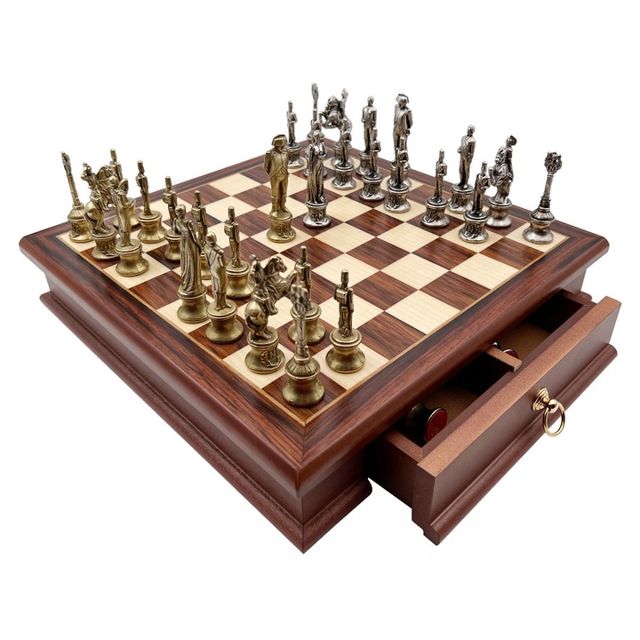 Шахматен комплект Italfama, колекция Napaleone, дърво, 32x32x6 см, фигури от цинк, месинг и никел, височина на царя 8,2 см