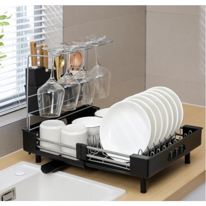 Scurgator vase cu suport pentru pahare, extensibil, cu fanta pentru scurgerea apei, dimensiuni 32-47 x 34 x 38.5 cm, din metal, negru