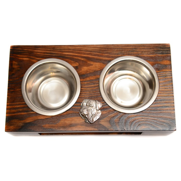 Stojak din lemn pentru doua boluri pentru caini, cu boluri din otel inoxidabil, dimensiuni 60x30x10cm, culoare naturala, set