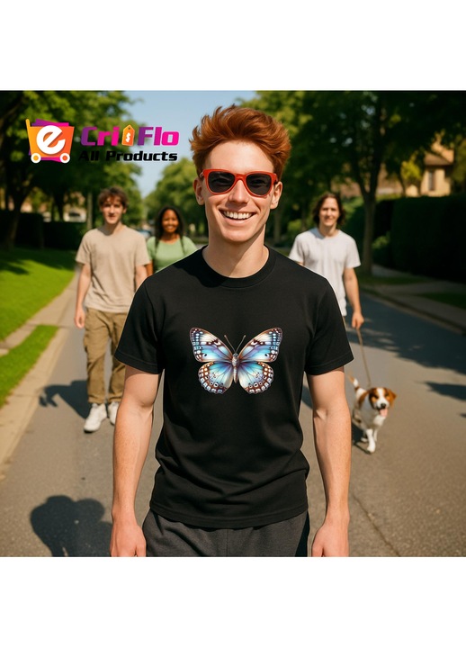 Tricou Barbat Fluture bej si albastru pastelat in stil ilustrativ, Barbat, 100% bumbac, Cri-Flo, Culoare Negru, Marime M