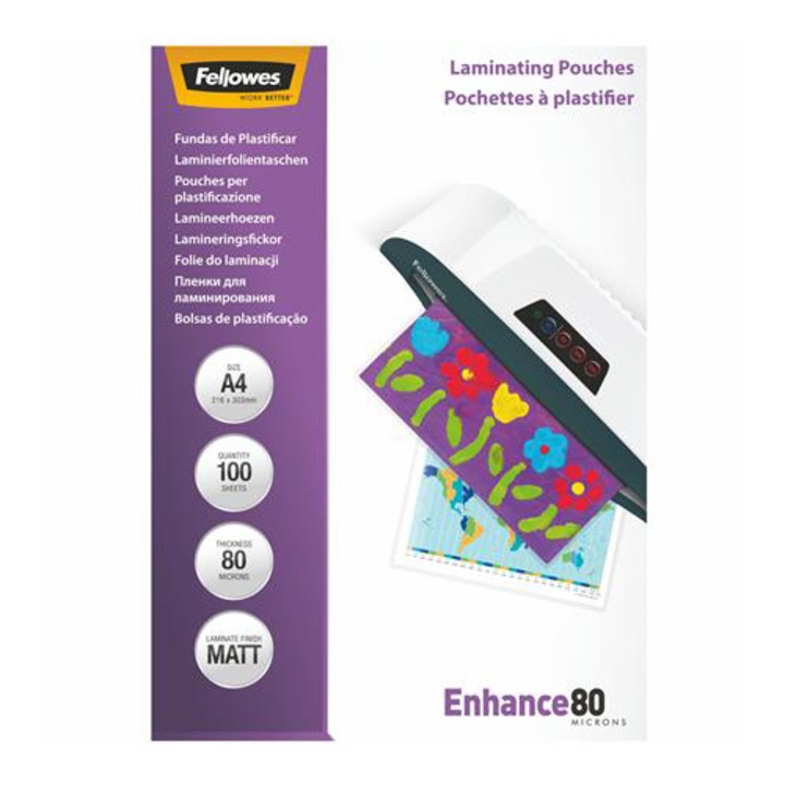 FELLOWES Meleglamináló fólia, 80 mikron, A4, matt, 100 db