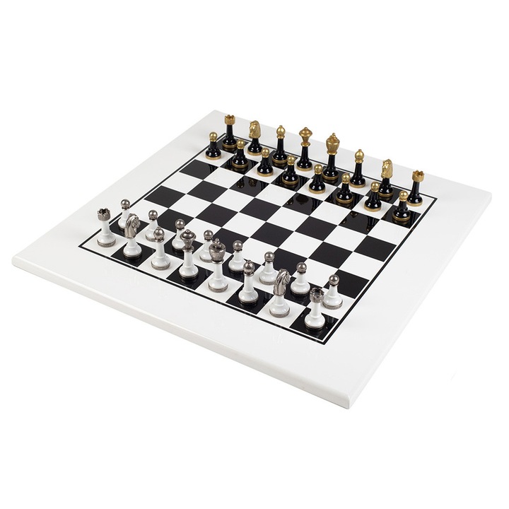 Комплект шахматни фигури Italfama от дърво и метал, шахматна дъска 50x50 см, височина на царя 7,5 см, диаметър на основата 2,5 см, черно/бяло