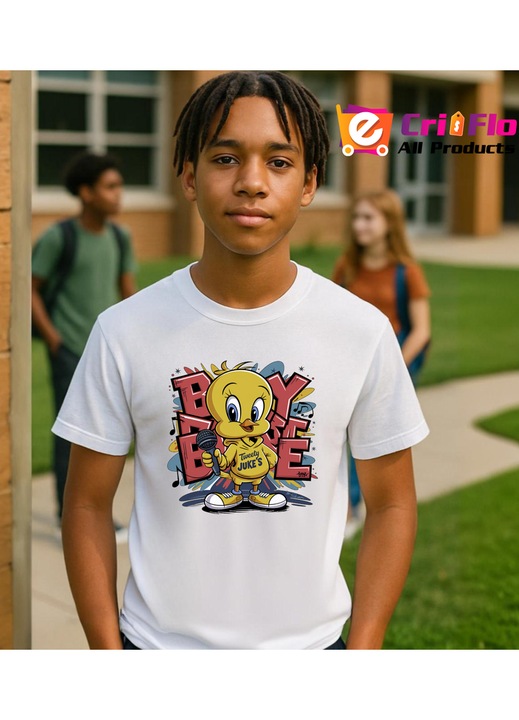Tricou Barbat Tweety boy energy cu hanorac galben si sneakers urban, Barbat, 100% bumbac, Cri-Flo, Culoare Alb, Marime M