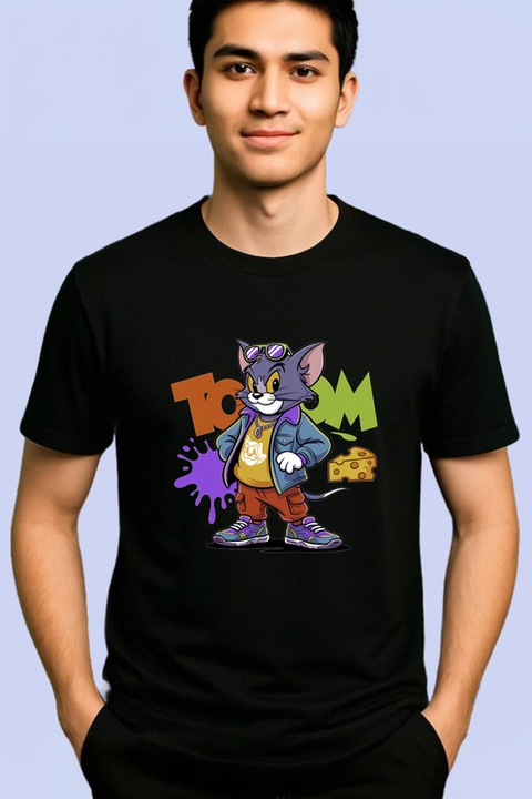 Tricou Barbat Tom Dope Style cu geaca albastra, tenisi rosii si grafitti de fundal, Barbat, 100% bumbac, Cri-Flo, Culoare Negru, Marime 2XL